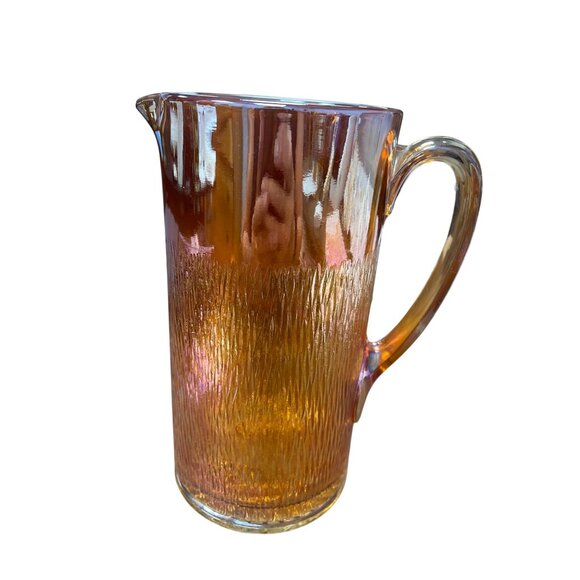 Vintage Amber Marigold Carnival Glass Pitcher With Textured Finish SKU 9319 - Picture 3 of 10